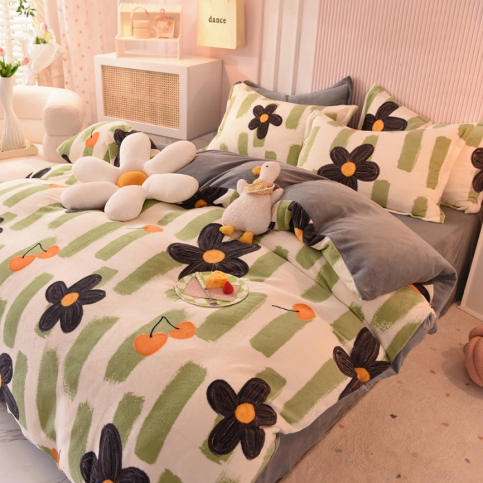 91家纺网 家纺一手货源 找家纺 梦之岛2022新款印花牛奶绒四件套 幸运花