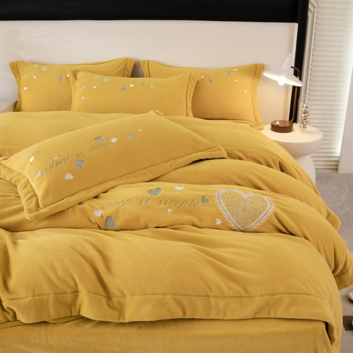 91家纺网 家纺一手货源 找家纺 绒博士新款牛奶绒刺绣压线款四件套-温暖爱心 温暖爱心-柠檬黄