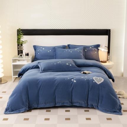 绒博士新款牛奶绒刺绣压线款四件套-温暖爱心 温暖爱心-幽蓝