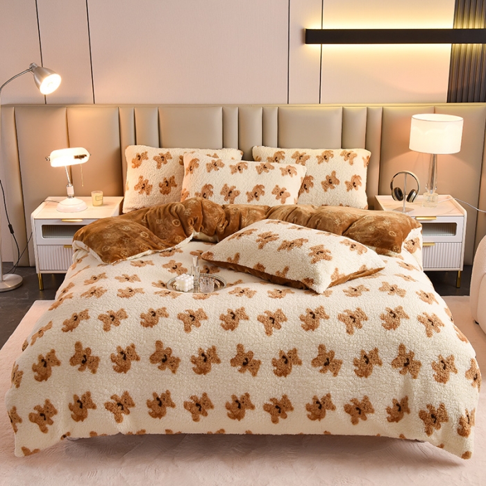 91家纺网 家纺一手货源 找家纺 同田 2023新直播羊羔绒四件套牛奶绒法莱绒四件套 抱抱熊