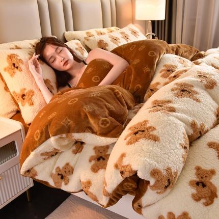 同田 2023新直播羊羔绒四件套牛奶绒法莱绒四件套 抱抱熊