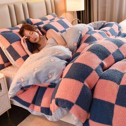 同田 2023新直播羊羔绒四件套牛奶绒法莱绒四件套 粉蓝格