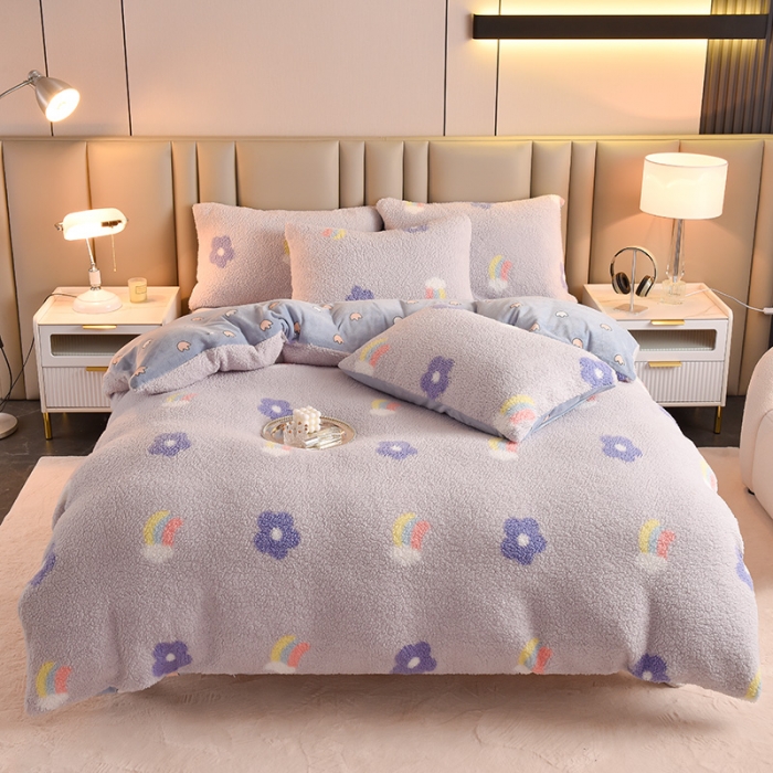 91家纺网 家纺一手货源 找家纺 同田 2023新直播羊羔绒四件套牛奶绒法莱绒四件套 花漾彩虹