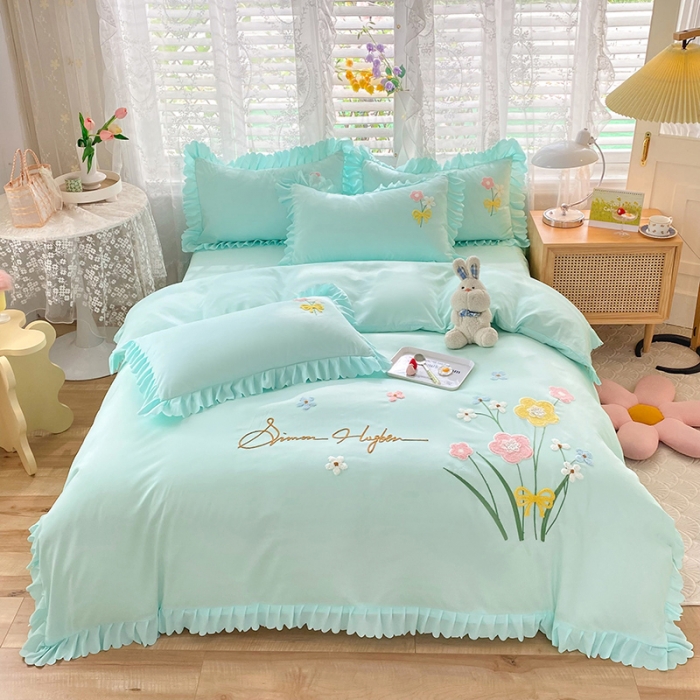 91家纺网 家纺一手货源 找家纺 梦之岛2022新款韩版遇见系列毛巾绣四件套 遇见-薄荷绿