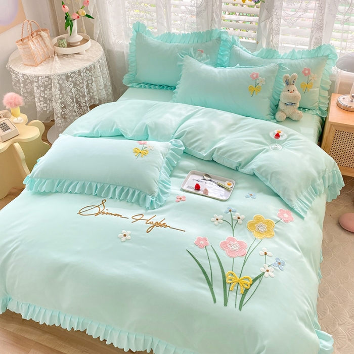 91家纺网 家纺一手货源 找家纺 梦之岛2022新款韩版遇见系列毛巾绣四件套 遇见-薄荷绿