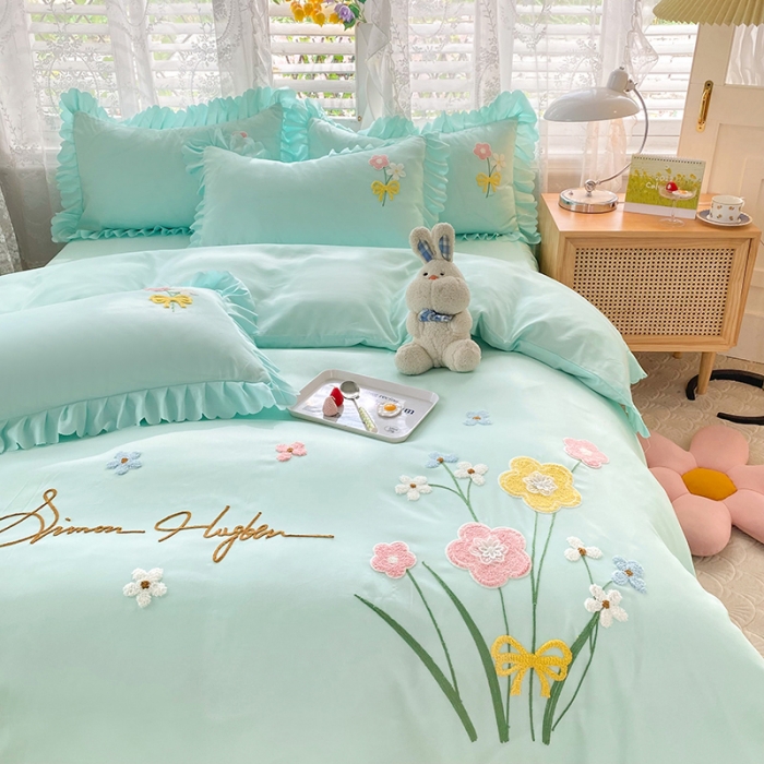 91家纺网 家纺一手货源 找家纺 梦之岛2022新款韩版遇见系列毛巾绣四件套 遇见-薄荷绿