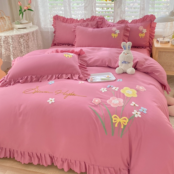 91家纺网 家纺一手货源 找家纺 梦之岛2022新款韩版遇见系列毛巾绣四件套 遇见-豆沙