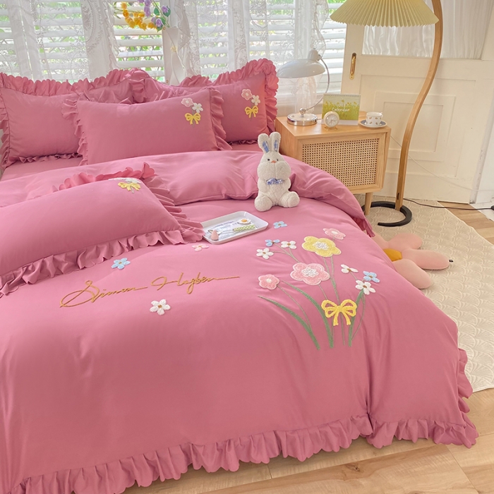 91家纺网 家纺一手货源 找家纺 梦之岛2022新款韩版遇见系列毛巾绣四件套 遇见-豆沙