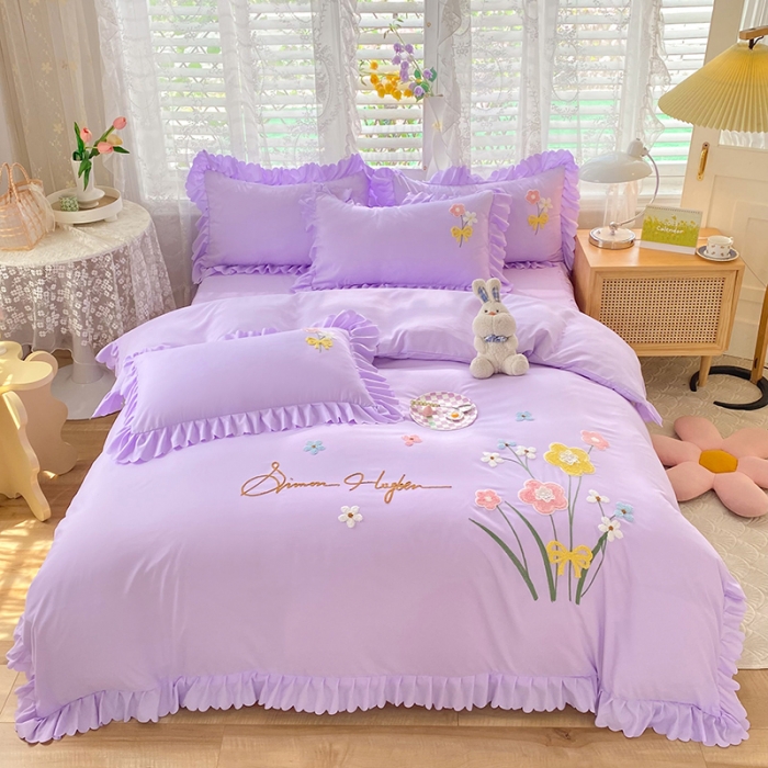 91家纺网 家纺一手货源 找家纺 梦之岛2022新款韩版遇见系列毛巾绣四件套 遇见-梦幻紫