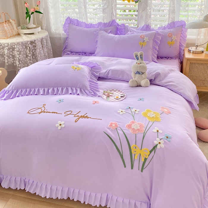 91家纺网 家纺一手货源 找家纺 梦之岛2022新款韩版遇见系列毛巾绣四件套 遇见-梦幻紫