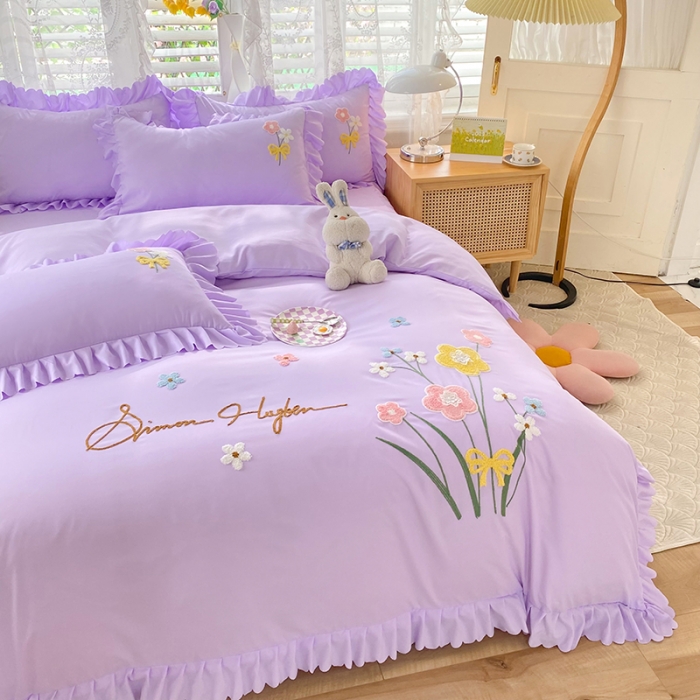 91家纺网 家纺一手货源 找家纺 梦之岛2022新款韩版遇见系列毛巾绣四件套 遇见-梦幻紫