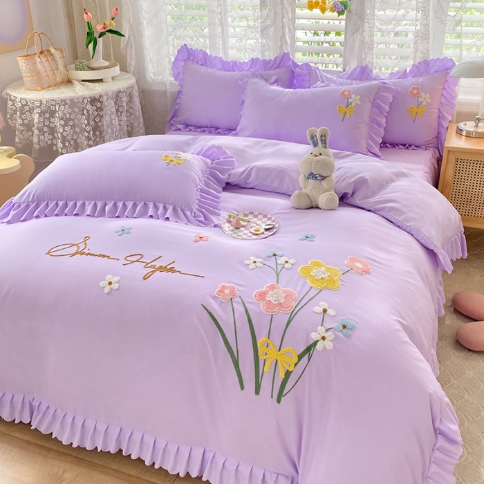 91家纺网 家纺一手货源 找家纺 梦之岛2022新款韩版遇见系列毛巾绣四件套 遇见-梦幻紫