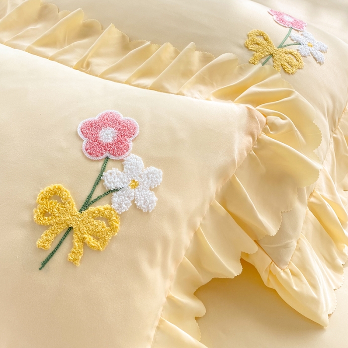 91家纺网 家纺一手货源 找家纺 梦之岛2022新款韩版遇见系列毛巾绣四件套 遇见-奶黄