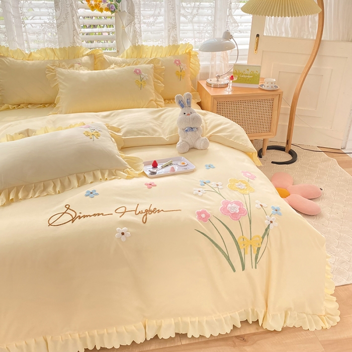 91家纺网 家纺一手货源 找家纺 梦之岛2022新款韩版遇见系列毛巾绣四件套 遇见-奶黄