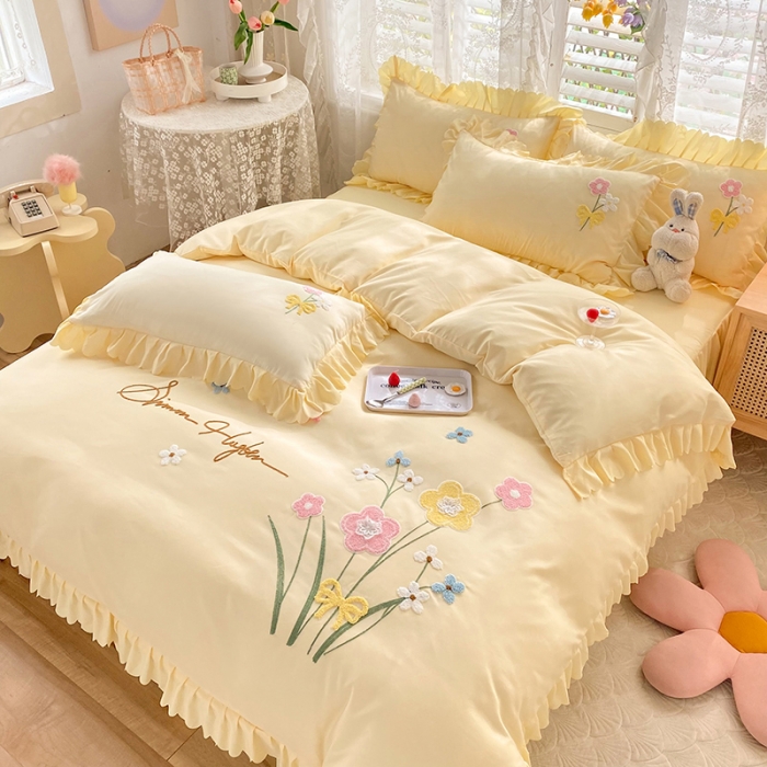 91家纺网 家纺一手货源 找家纺 梦之岛2022新款韩版遇见系列毛巾绣四件套 遇见-奶黄