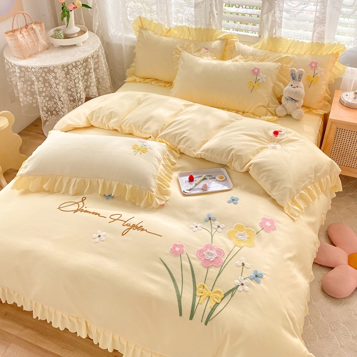 91家纺网 家纺一手货源 找家纺 梦之岛2022新款韩版遇见系列毛巾绣四件套 遇见-奶黄