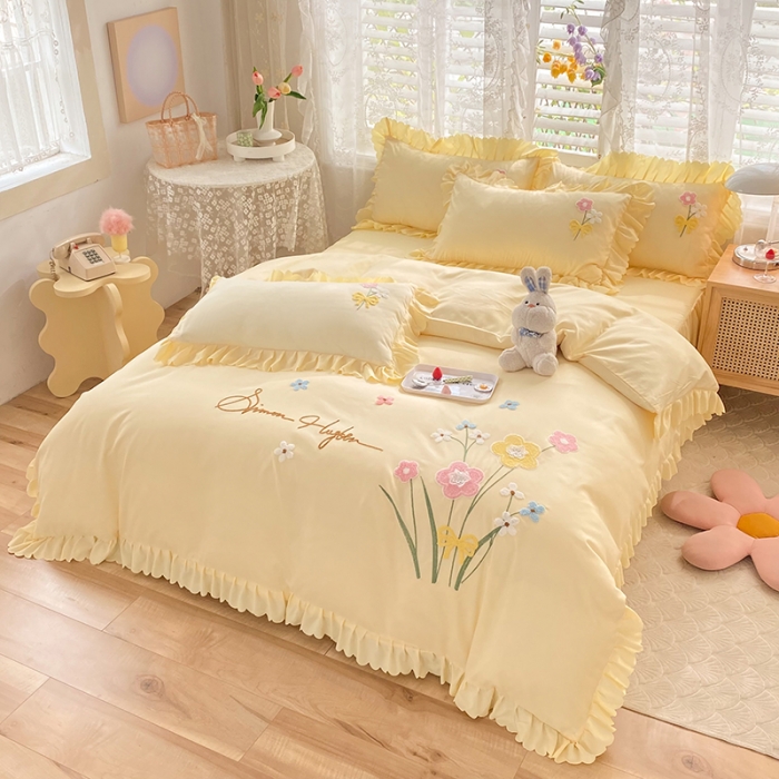 91家纺网 家纺一手货源 找家纺 梦之岛2022新款韩版遇见系列毛巾绣四件套 遇见-奶黄