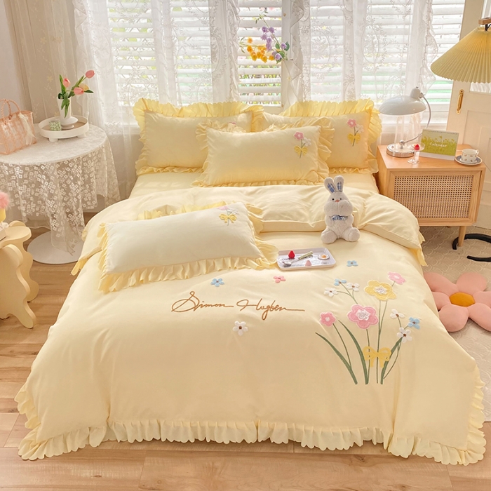 91家纺网 家纺一手货源 找家纺 梦之岛2022新款韩版遇见系列毛巾绣四件套 遇见-奶黄