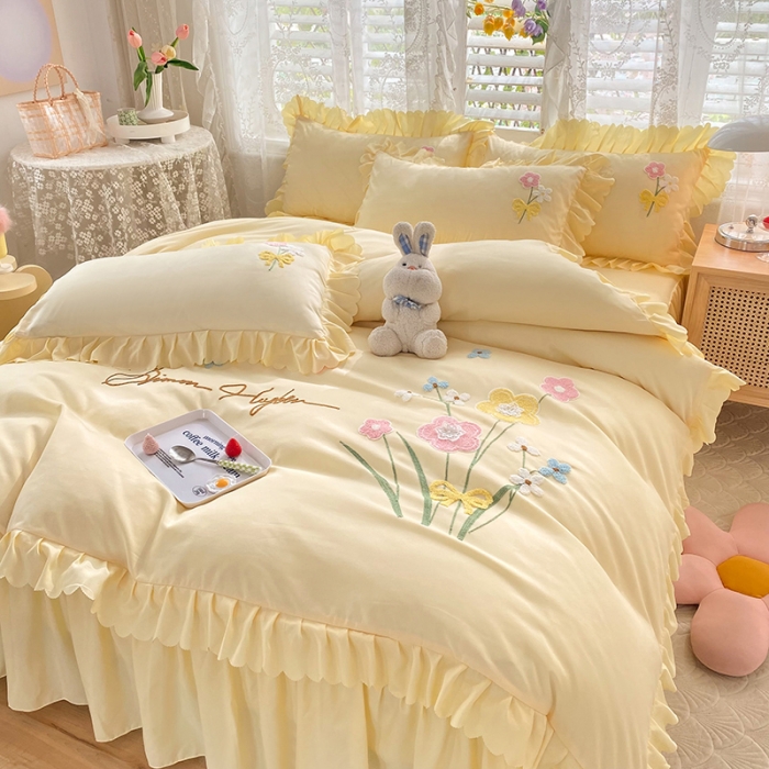 91家纺网 家纺一手货源 找家纺 梦之岛2022新款韩版遇见系列毛巾绣四件套 遇见-奶黄