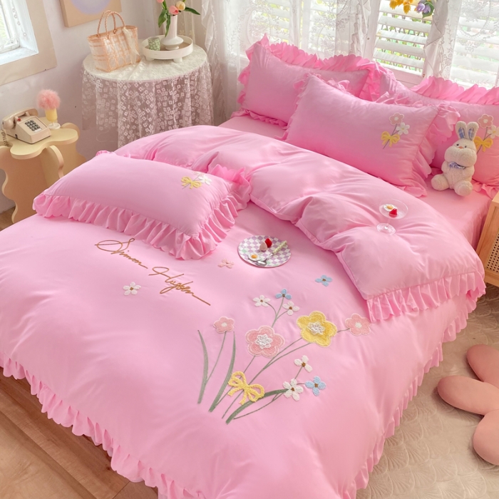 91家纺网 家纺一手货源 找家纺 梦之岛2022新款韩版遇见系列毛巾绣四件套 遇见-胭脂粉