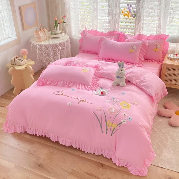 91家纺网 家纺一手货源 找家纺 梦之岛2022新款韩版遇见系列毛巾绣四件套 遇见-胭脂粉