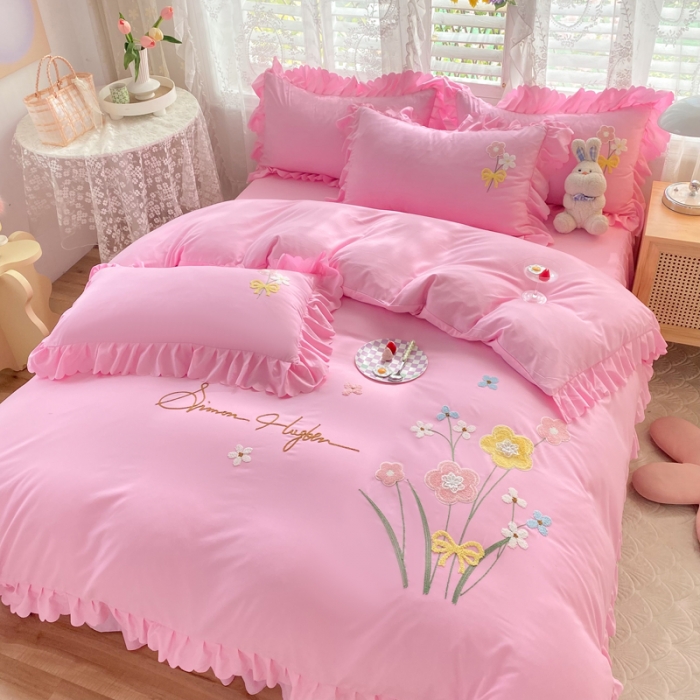 91家纺网 家纺一手货源 找家纺 梦之岛2022新款韩版遇见系列毛巾绣四件套 遇见-胭脂粉