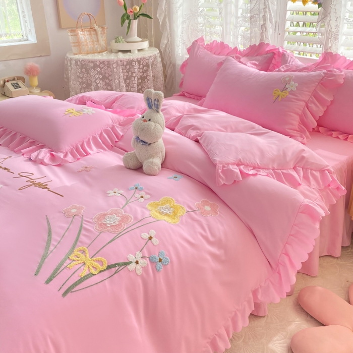 91家纺网 家纺一手货源 找家纺 梦之岛2022新款韩版遇见系列毛巾绣四件套 遇见-胭脂粉