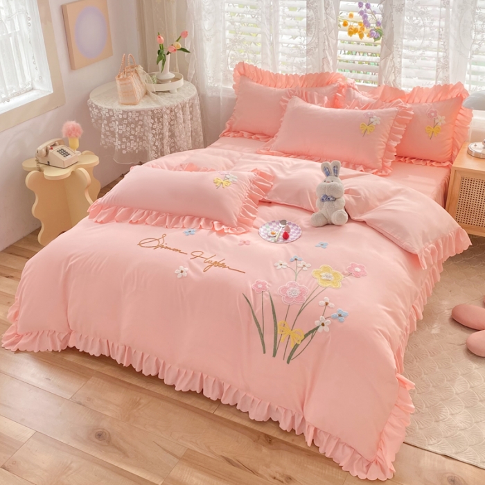 91家纺网 家纺一手货源 找家纺 梦之岛2022新款韩版遇见系列毛巾绣四件套 遇见-樱花粉