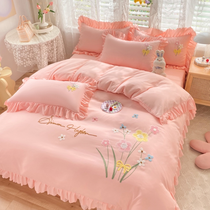 91家纺网 家纺一手货源 找家纺 梦之岛2022新款韩版遇见系列毛巾绣四件套 遇见-樱花粉