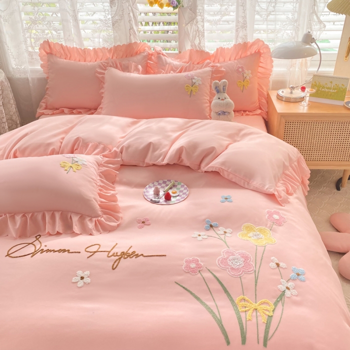 91家纺网 家纺一手货源 找家纺 梦之岛2022新款韩版遇见系列毛巾绣四件套 遇见-樱花粉