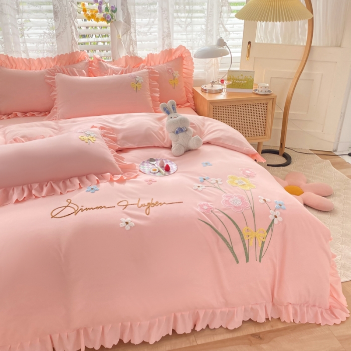 91家纺网 家纺一手货源 找家纺 梦之岛2022新款韩版遇见系列毛巾绣四件套 遇见-樱花粉