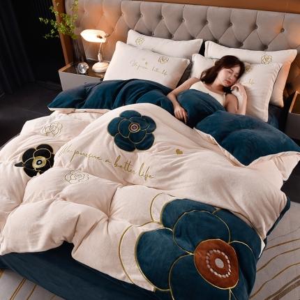 2023直播牛奶绒重工刺绣四件套纯色法莱金貂绒金貂 山茶花-白茶