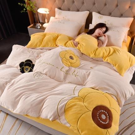 2023直播牛奶绒重工刺绣四件套纯色法莱金貂绒金貂 山茶花-柠檬黄