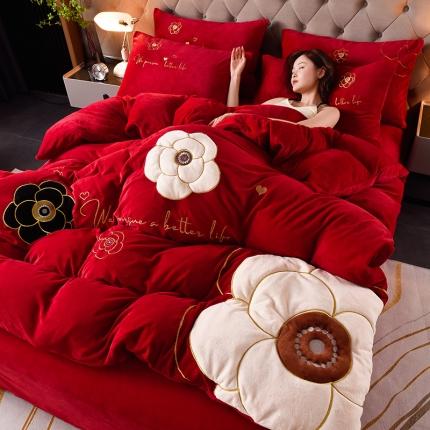 2023直播牛奶绒重工刺绣四件套纯色法莱金貂绒金貂 山茶花-缘定花海