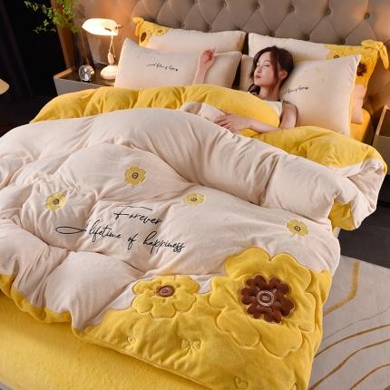 2023直播牛奶绒重工刺绣四件套纯色法莱金貂绒金貂 夕颜