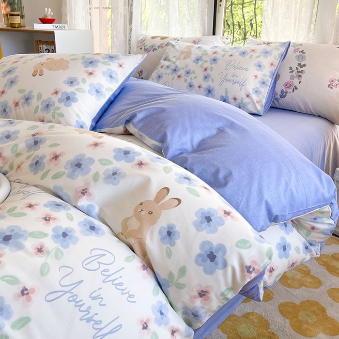 91家纺网 家纺一手货源 找家纺 感遇2022新款纯棉印花四件套 花花兔