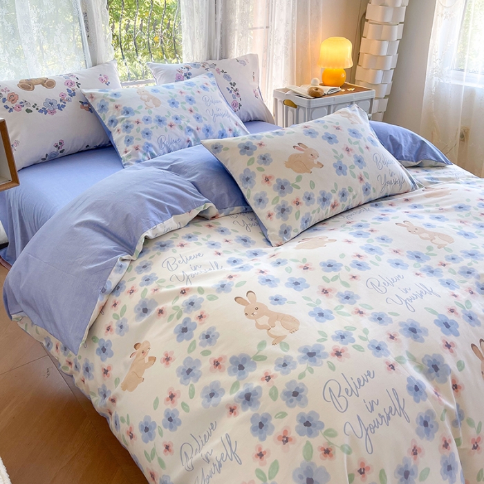 91家纺网 家纺一手货源 找家纺 感遇2022新款纯棉印花四件套 花花兔