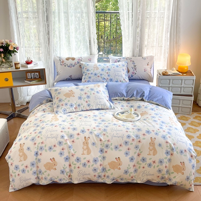 91家纺网 家纺一手货源 找家纺 感遇2022新款纯棉印花四件套 花花兔