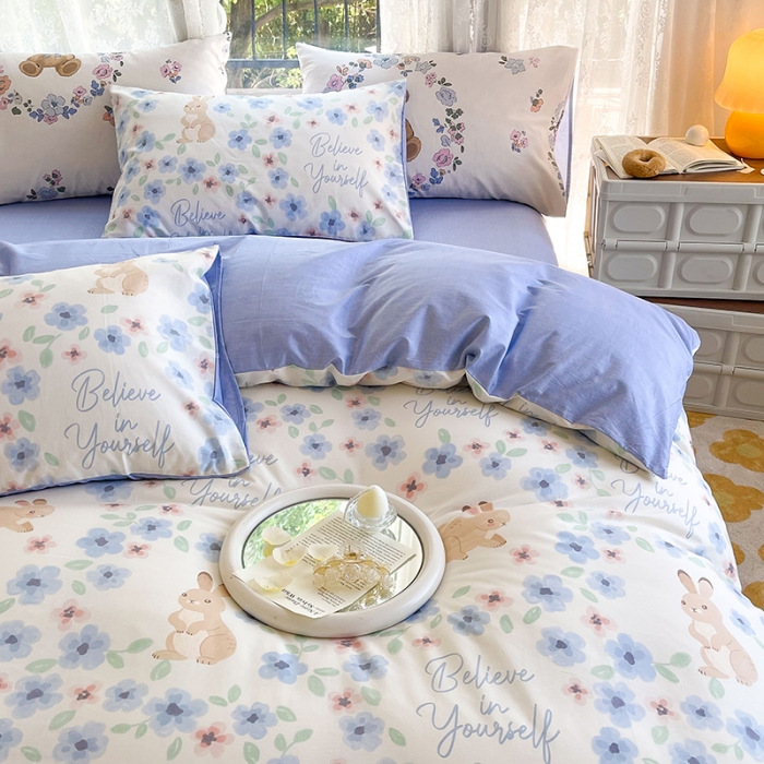 91家纺网 家纺一手货源 找家纺 感遇2022新款纯棉印花四件套 花花兔