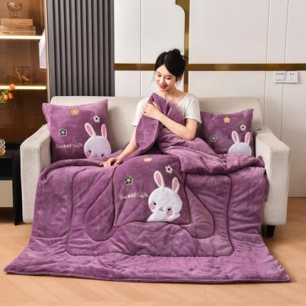 阳光依佰2022新款牛奶绒多功能抱枕被系列-萌小兔 紫色