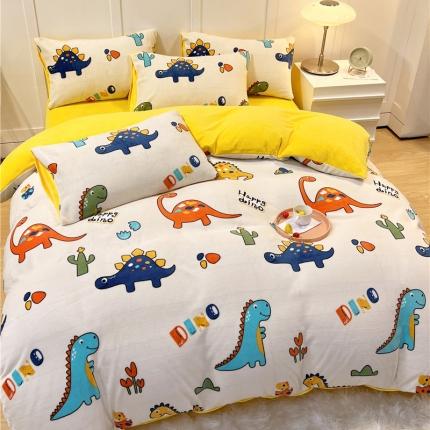 91家纺网 家纺一手货源 找家纺 孩子王2023冬季加厚牛奶绒水晶绒珊瑚绒印花系列单被套 恐龙漫步-黄