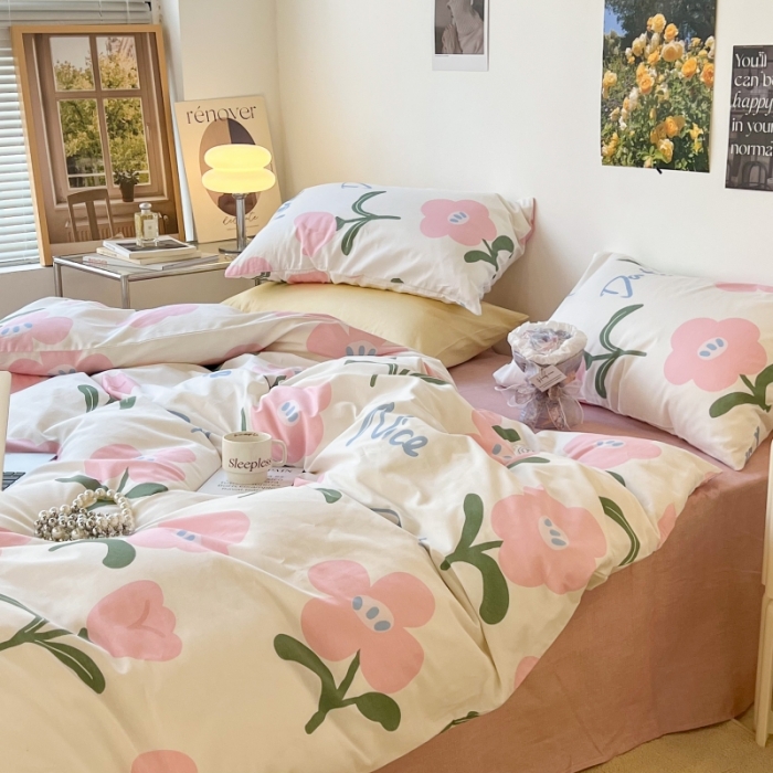 91家纺网 家纺一手货源 找家纺 昔可家纺 2022新款法式田园花卉系列全棉四件套 安妮粉