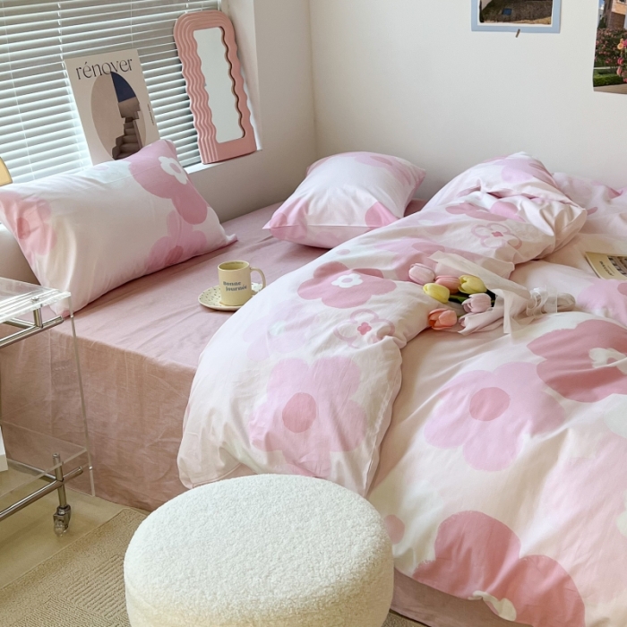 91家纺网 家纺一手货源 找家纺 昔可家纺 2022新款法式田园花卉系列全棉四件套 粉黛