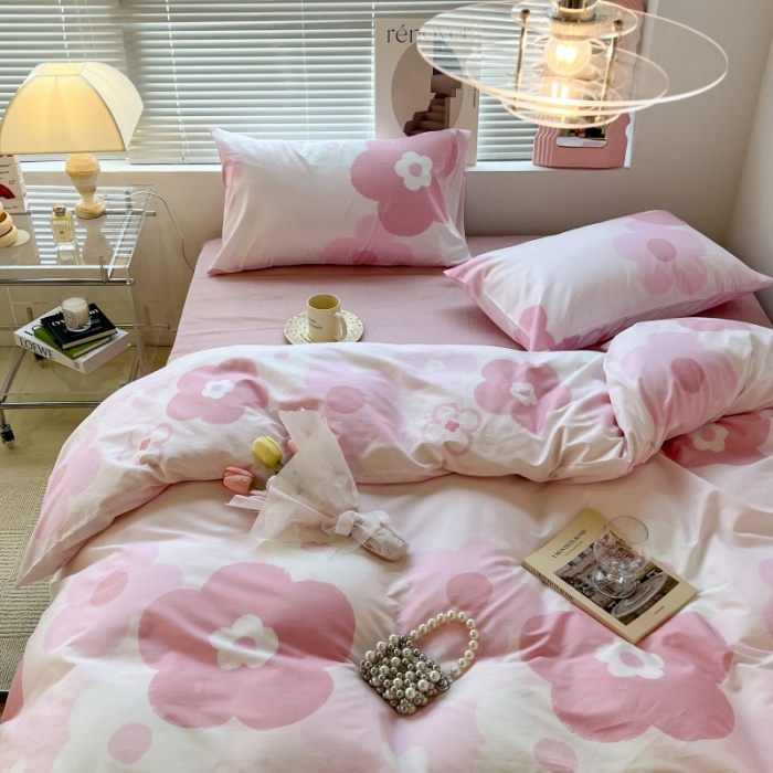 91家纺网 家纺一手货源 找家纺 昔可家纺 2022新款法式田园花卉系列全棉四件套 粉黛