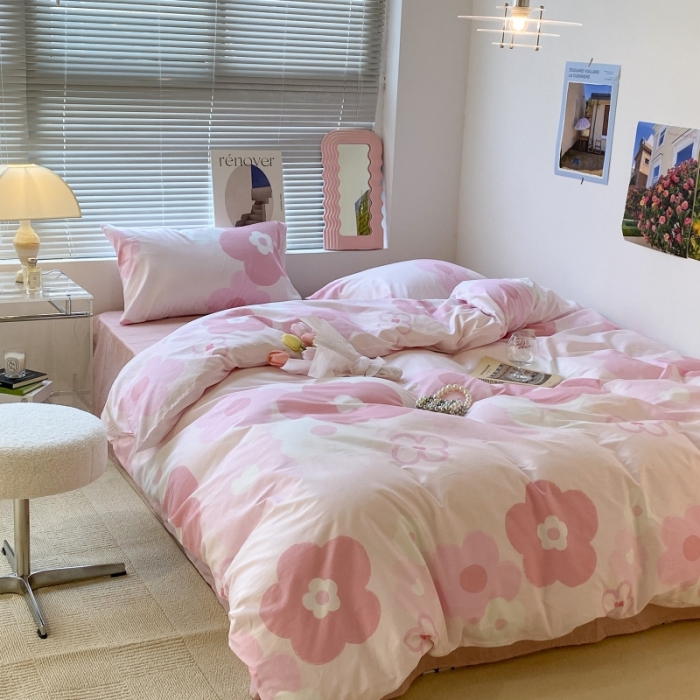 91家纺网 家纺一手货源 找家纺 昔可家纺 2022新款法式田园花卉系列全棉四件套 粉黛