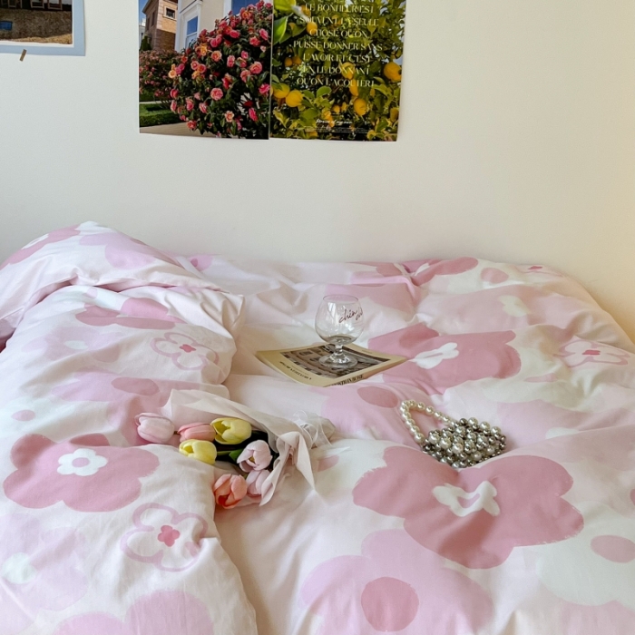 91家纺网 家纺一手货源 找家纺 昔可家纺 2022新款法式田园花卉系列全棉四件套 粉黛