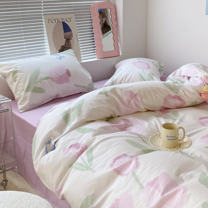 91家纺网 家纺一手货源 找家纺 昔可家纺 2022新款法式田园花卉系列全棉四件套 粉色油画郁金