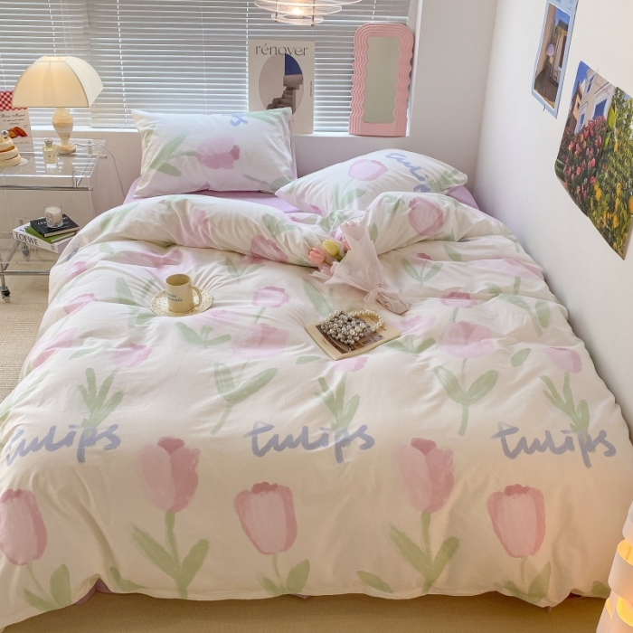 91家纺网 家纺一手货源 找家纺 昔可家纺 2022新款法式田园花卉系列全棉四件套 粉色油画郁金