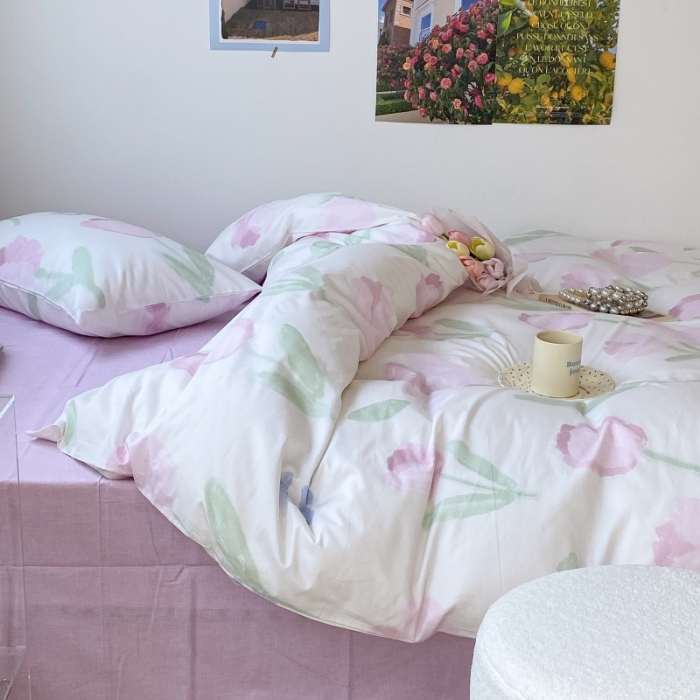 91家纺网 家纺一手货源 找家纺 昔可家纺 2022新款法式田园花卉系列全棉四件套 粉色油画郁金