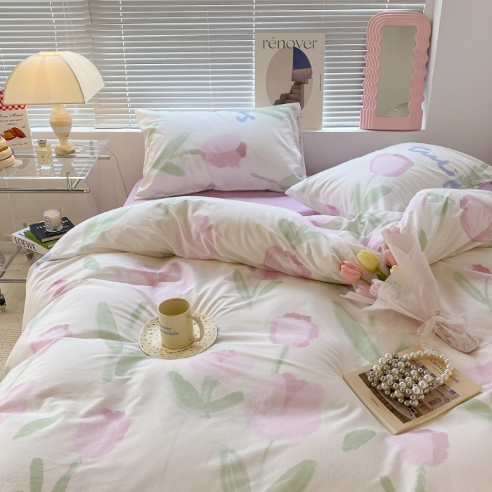 91家纺网 家纺一手货源 找家纺 昔可家纺 2022新款法式田园花卉系列全棉四件套 粉色油画郁金